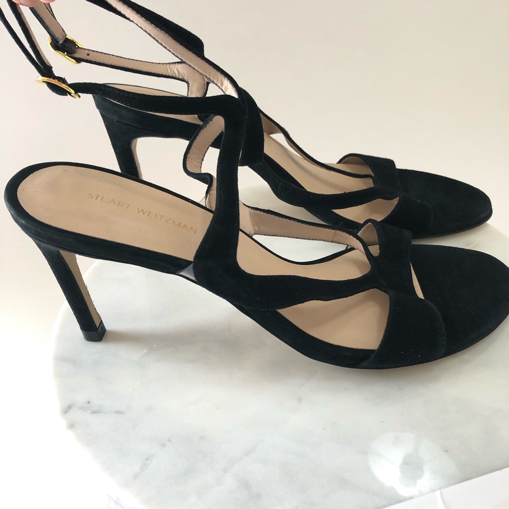 STUART WEITZMAN Mariposa Black Suede Leather Cutout High Heel Sandals - Picture 14 of 15